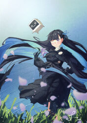 &gt;3&lt; 1girl 1other absurdres black_dress black_hair blue_hair blue_ribbon colored_inner_hair dress floating_hair flower hair_ribbon highres holding holding_flower long_hair mechabare mechanical_hands mechanical_legs multicolored_hair non-humanoid_robot one_eye_closed punishing:_gray_raven purple_eyes puyuyan ribbon robot selena:_tempest_(pgr) selena_(pgr) single_mechanical_leg very_long_hair