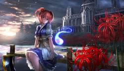 Rule 34 | 1girl, cloud, cloudy sky, coin, flower, frills, hair bobbles, hair ornament, highres, hitodama, looking at viewer, onozuka komachi, open mouth, outdoors, pier, red eyes, red hair, river, ryosios, sanzu river, scythe, short hair, short sleeves, sky, solo, spider lily, touhou, twintails, two side up