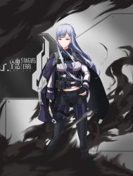 Rule 34 | 1girl, ak-12 (girls&#039; frontline), black gloves, black pants, bodysuit, cloak, elbow gloves, girls&#039; frontline, gloves, hair ornament, highres, knife, long hair, looking at viewer, military, military operator, military uniform, pants, purple eyes, shadow, silver hair, simple background, solo, speech bubble, strapless, uniform, weapon