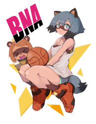 Rule 34 | &gt; &lt;, 2girls, absurdres, animal ears, animal nose, ball, basketball (object), blue hair, body fur, brand new animal, breasts, brown fur, brown hair, cleavage, closed eyes, dolphin shorts, furry, furry female, furry with furry, gloves, highres, jackie (bna), kagemori michiru, looking at viewer, medium breasts, mickey mouse ears, multicolored hair, multiple girls, open mouth, raccoon ears, raccoon girl, raccoon nose, raccoon tail, shirt, shoes, short hair, shorts, simple background, smile, sneakers, tail, taipe pepe, tanuki, thighs, triangle, white background, white shirt