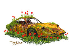 Rule 34 | abandoned, broken window, car, commentary request, ferrari dino, flower, grass, motor vehicle, no humans, original, red flower, rust, signature, simple background, tire, tokyogenso, tulip, vehicle focus, white background