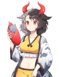 Rule 34 | 1girl, animal ears, animal print, black hair, blush, breasts, commentary request, cow ears, cow horns, cow print, cowboy shot, frills, grey hair, hand up, haori, highres, holding, horns, japanese clothes, kaoling, large breasts, long sleeves, looking at viewer, midriff, multicolored hair, navel, red eyes, short hair, simple background, smile, solo, split-color hair, sports bra, stomach, touhou, two-tone hair, ushizaki urumi, white background, wide sleeves