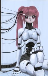 Rule 34 | 1girl, :d, absurdres, android, bad id, bad twitter id, barefoot, blush stickers, feet, female focus, foreshortening, grintasia, hair ornament, hairclip, highres, joints, mechanical parts, on floor, open mouth, original, pink hair, robot joints, sitting, smile, soles, solo, toes, twintails, wire