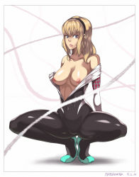 Rule 34 | 1girl, blonde hair, blurry, breasts, dated, depth of field, full body, gwen stacy, hairband, highres, large breasts, marvel, nipples, partially undressed, purplevortex, skin tight, solo, spider-girl, spider-gwen, spider-man (series), squatting