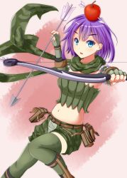 Rule 34 | 1girl, apple o archer, arrow (projectile), blue eyes, bow (weapon), elbow gloves, fingerless gloves, gloves, highres, holding, kurohachiboku, looking at viewer, navel, parted lips, purple hair, ragnarok online, ranger (ragnarok online), scarf, short hair, solo, weapon
