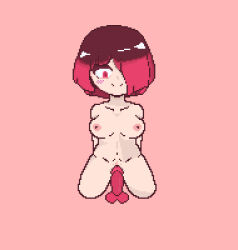 Rule 34 | bete noire, betty noire, blush, breasts, brown hair, dildo, glitchtale, large breasts, medium breasts, nude, red dildo, red eyes, red hair, sex toy