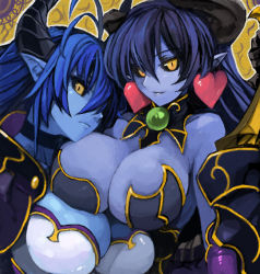Rule 34 | 2girls, age difference, asmodeus (shinrabanshou), astaroth (shinrabanshou), black sclera, blue hair, blue skin, breasts, choker, cleavage, colored sclera, colored skin, demon girl, earrings, heart, heart earrings, horns, huge breasts, jewelry, long hair, mature female, mother and daughter, multiple girls, pointy ears, pupps, shinrabanshou, yellow eyes