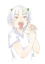 Rule 34 | 1girl, child, drooling, female focus, highres, open mouth, original, pale color, parted bangs, saliva, satsuyo, short hair, simple background, solo, teeth, tongue, tongue out, two side up, white background