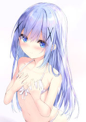 Rule 34 | 1girl, bare arms, bare shoulders, bikini, blue eyes, blue hair, blush, breasts, closed mouth, commentary request, covering privates, covering breasts, front-tie bikini top, front-tie top, gochuumon wa usagi desu ka?, hair between eyes, hair ornament, highres, kafuu chino, kouda suzu, long hair, looking at viewer, navel, simple background, small breasts, solo, swimsuit, very long hair, white background, white bikini, x hair ornament