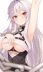 Rule 34 | 1girl, absurdres, arm up, armpits, auuufox, bare shoulders, black shirt, blurry, blurry foreground, breasts, chain, chest harness, clothing cutout, covered navel, facial mark, grin, harness, highres, large breasts, leash, long hair, looking at viewer, original, red eyes, shirt, sleeveless, sleeveless shirt, smile, solo, two-tone shirt, underboob, underboob cutout, upper body, white hair, white shirt