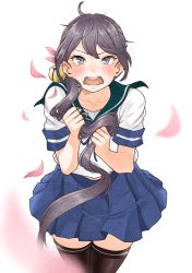 Rule 34 | 1girl, absurdres, akebono (kancolle), akebono kai (kancolle), bell, black thighhighs, blue sailor collar, blue skirt, embarrassed, flower, hair bell, hair flower, hair ornament, highres, holding, holding hair, jingle bell, kantai collection, long hair, looking at viewer, pleated skirt, purple eyes, purple hair, sailor collar, school uniform, serafuku, short sleeves, side ponytail, simple background, skirt, solo, tamaki., thighhighs, very long hair, white background