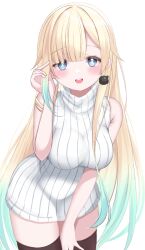 Rule 34 | 1girl, absurdres, aizawa ema, bare shoulders, black thighhighs, blonde hair, blue eyes, blue hair, blunt bangs, blush, breasts, cat earrings, dress, gradient hair, highres, large breasts, leaning forward, light blue hair, long hair, looking at viewer, multicolored hair, parted bangs, ribbed sweater, simple background, sleeveless, sleeveless turtleneck, smile, solo, sweater, sweater dress, thighhighs, turtleneck, very long hair, virtual youtuber, vspo!, white background, white sweater, yuzuno karin, zettai ryouiki