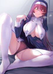 Rule 34 | 1girl, :q, absurdres, black leotard, blush, breasts, breath, cleavage, closed mouth, clothing cutout, cross, dress, feet, garter straps, habit, hair between eyes, heterochromia, highres, hololive, houshou marine, houshou marine (nun), large breasts, leotard, leotard under clothes, long hair, long sleeves, looking at viewer, multicolored hair, no bra, nun, red eyes, red hair, smile, solo, spread legs, streaked hair, thighhighs, tongue, tongue out, underboob, underboob cutout, virtual youtuber, white thighhighs, yellow eyes, yoshiheihe