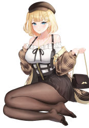 Rule 34 | 1girl, abab xiaxia, bag, bare shoulders, black hat, black skirt, blonde hair, blue eyes, blush, breasts, brown pantyhose, closed mouth, coat, collarbone, commentary request, earrings, feet, full body, hair ornament, hairclip, handbag, hat, heart, heart earrings, high-waist skirt, highres, holding, holding bag, hololive, hololive english, jewelry, key, key necklace, long sleeves, looking at viewer, medium breasts, miniskirt, necklace, no shoes, off-shoulder shirt, off shoulder, open clothes, open coat, pantyhose, plaid, plaid coat, shirt, short hair, sitting, skirt, sleeves past wrists, smile, solo, toes, virtual youtuber, watson amelia, watson amelia (street casual), white shirt, x hair ornament, yokozuwari, zipper pull tab