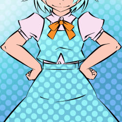 Rule 34 | 1girl, 33kudo, adapted costume, bbb (33kudo), blue theme, cirno, collared shirt, hands on own hips, lowres, polka dot, shirt, solo, touhou