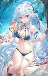 Rule 34 | 1girl, absurdres, bare shoulders, beach, bikini, breasts, cleavage, drink, dripping, frills, green bikini, hair ribbon, halterneck, highres, long hair, looking at viewer, medium breasts, navel, open clothes, original, palm tree, ponytail, red eyes, ribbon, shichigatsu, sitting, solo, swimsuit, swing, swinging, thigh gap, thigh strap, thighs, tree, very long hair, wet, white hair