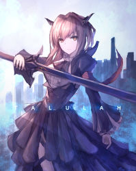 Rule 34 | 1girl, arknights, armband, black dress, character name, chinese commentary, cowboy shot, dragon horns, dress, grey hair, hair intakes, highres, holding, holding sword, holding weapon, horns, looking at viewer, medium hair, outdoors, puffy dress, solo, sword, talulah (arknights), weapon, yellow eyes, zxcould23