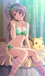 Rule 34 | 10s, 1girl, bed, bedroom, blush, bow, bra, breasts, brown eyes, brushing teeth, cleavage, colored stripes, green bra, green panties, grey hair, hair bow, indoors, kneehighs, long hair, love live!, love live! school idol project, medium breasts, minami kotori, navel, panties, plaid, plaid bra, plaid panties, pom pom (clothes), shian (my lonly life.), side-tie panties, side ponytail, sitting, socks, solo, striped clothes, striped socks, stuffed toy, toothbrush, underwear, underwear only