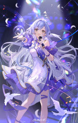 Rule 34 | 1girl, aqua eyes, bare shoulders, bird, detached sleeves, earrings, falling feathers, feathers, floating hair, gloves, hair between eyes, halo, highres, holding, holding microphone, honkai: star rail, honkai (series), issign, jewelry, long hair, looking at viewer, microphone, music, musical note, open mouth, reaching, reaching towards viewer, robin (honkai: star rail), short sleeves, singing, smile, solo, standing, teeth, upper teeth only, white gloves, white wings, wings