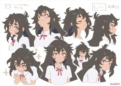 Rule 34 | 1girl, :3, artist request, black eyes, black hair, blush stickers, character sheet, check artist, clenched hand, closed eyes, collared shirt, copyright notice, cropped torso, do it yourself!!, expressions, flat color, kouki kokoro, leaning forward, looking at viewer, looking to the side, matsuo yuusuke, messy hair, multiple views, neck ribbon, official art, parted lips, profile, red ribbon, ribbon, shirt, short sleeves, sparkle, split mouth, white background, white shirt