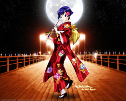 Rule 34 | 1girl, ai yori aoshi, japanese clothes, kimono, moon, night, pier, purple eyes, purple hair, red kimono, sakuraba aoi, sky, smile, solo, star (symbol), wallpaper, yukata