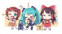 Rule 34 | 3girls, amami haruka, black skirt, blue hair, blunt bangs, blush stickers, bow, brown hair, brown skirt, chibi, closed eyes, closed mouth, green eyes, hair bow, hair tubes, hakurei reimu, hatsune miku, highres, holding, holding microphone, idolmaster, long hair, looking at viewer, microphone, multiple girls, musical note, one eye closed, open mouth, pink bow, pleated skirt, red bow, royl, short hair, skirt, star (symbol), touhou, twintails, vocaloid