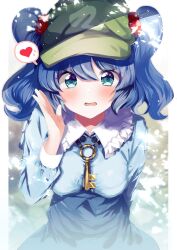 Rule 34 | 1girl, blue eyes, blue hair, blue shirt, blush, breasts, cabbie hat, commentary request, eyes visible through hair, fantasydolce, frilled shirt collar, frills, hair between eyes, hair bobbles, hair ornament, hand up, hat, heart, highres, kawashiro nitori, key, leaning forward, long hair, long sleeves, looking at viewer, medium breasts, parted lips, shirt, solo, spoken heart, swept bangs, touhou, two side up