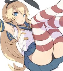Rule 34 | 1girl, alchera, black hairband, black neckerchief, black panties, blonde hair, blue sailor collar, chestnut mouth, crop top, grey eyes, hairband, highleg, highleg panties, kantai collection, long hair, microskirt, miniskirt, neckerchief, outstretched arms, panties, sailor collar, shimakaze (kancolle), simple background, skirt, solo, striped clothes, striped thighhighs, thighhighs, underwear, white background