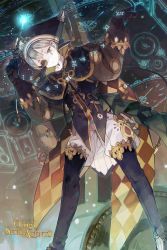 Rule 34 | 1boy, blonde hair, brown hair, closed mouth, copyright name, full body, gloves, hat, hihara you, jester, jester cap, looking at viewer, looking down, male focus, official art, old clock chronos (otogi:spirit agents), otogi:spirit agents, second-party source, short hair, tattoo, teardrop facial mark