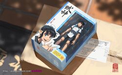 Rule 34 | 1girl, back hair, black shorts, box, bun cover, chinese text, doll joints, double bun, figure, hair bun, highres, joints, kan liu (666k), label, original, outdoors, patreon username, pointy ears, robe, seal impression, shadow, short hair, short sleeves, shorts, sidelocks, signature, solo, translation request, white robe