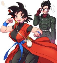 Rule 34 | 1boy, 1girl, adjusting eyewear, black eyes, black hair, black shirt, blush, breasts, buttons, closed mouth, coat, covered collarbone, dragon ball, dragon ball heroes, eyebrows, genderswap, genderswap (mtf), glasses, gloves, green coat, jacket, matching hair/eyes, mature female, mother and son, open mouth, red gloves, ruyi jingu bang, shirt, short hair, simple background, son gohan, son goku, son goku (xeno), spiked hair, white background, wristband