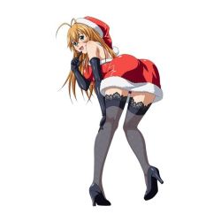 Rule 34 | 00s, 1girl, ass, bent over, black legwear, blue eyes, christmas, costume, hand to own mouth, high heels, ikkitousen, looking back, orange hair, santa costume, shiny clothes, simple background, solo, sonsaku hakufu