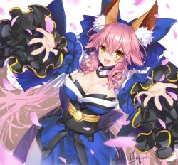 Rule 34 | 10s, 1girl, animal ears, arms up, bare shoulders, blue bow, blue dress, blue kimono, blush, bow, breasts, cleavage, detached sleeves, dress, fang, fate/extra, fate/grand order, fate (series), fox ears, fox girl, hair bow, hair ornament, hair ribbon, hong (white spider), japanese clothes, kimono, large breasts, long hair, looking at viewer, nail polish, open mouth, petals, pink hair, pink nails, ribbon, simple background, smile, solo, tamamo (fate), tamamo no mae (fate/extra), white background, yellow eyes