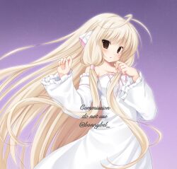 1girl 2000s_(style) bare_shoulders blonde_hair blush breasts brown_eyes chii chobits dress hair_spread_out hair_tubes highres jelly_(bonnybel) long_hair long_sleeves looking_at_viewer ribbon robot_ears simple_background solo very_long_hair