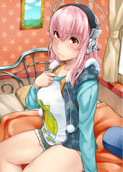 Rule 34 | 1girl, :3, bed, blush, breasts, headphones, icebox, jacket, large breasts, long hair, nitroplus, pillow, pink eyes, pink hair, shorts, sitting, smile, solo, super sonico