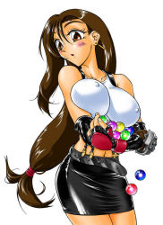 Rule 34 | 1990s (style), 1girl, blush, breasts, brown eyes, brown hair, covered erect nipples, final fantasy, final fantasy vii, kuma (rusty cage), large breasts, long hair, low-tied long hair, materia, miniskirt, nipples, pencil skirt, retro artstyle, simple background, skirt, solo, tifa lockhart, white background