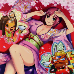 Rule 34 | 1girl, absurdres, alcohol, breasts, cherry blossoms, cleavage, cup, green eyes, highres, japanese clothes, kimono, koutaro, large breasts, petals, red hair, rio rollins, sake, super blackjack