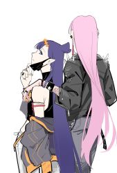 Rule 34 | 2girls, arm around shoulder, arm strap, black jacket, blue eyes, crop top, from behind, grey jacket, grey pants, guiyu (nocaudal), hair behind ear, highres, hololive, hololive english, jacket, jewelry, leaning back, leather, leather jacket, long hair, mask, mask pull, mori calliope, mouth mask, multiple girls, ninomae ina&#039;nis, off shoulder, pants, pink hair, pointy ears, purple hair, ring, skull, spikes, very long hair, virtual youtuber, yuri