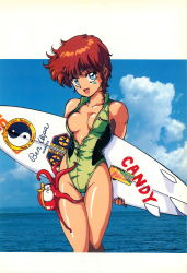 Rule 34 | 1980s (style), 1girl, absurdres, blue eyes, breasts, center opening, cleavage, groin, highres, holding, holding behind back, mon mon, octopus, oldschool, retro artstyle, short hair, smile, solo, standing, surfboard, swimsuit, unzipped, yin yang, zipper