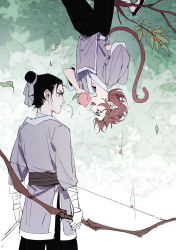 Rule 34 | 21 shiji qujing lu, 2boys, arm wrap, arms at sides, bandages, black hair, bow (weapon), branch, brown hair, closed mouth, day, dropping, eye contact, facial mark, flats, food, forehead mark, fruit, grey robe, hair pulled back, hand in pocket, hanging from tree, highres, holding, holding bow (weapon), holding food, holding fruit, holding weapon, leaf, leg wrap, looking at another, male focus, monkey tail, multiple boys, nature, open mouth, outdoors, pants, pointy ears, profile, robe, sash, short hair, standing, sun wukong, tail, updo, upside-down, weapon, xiandao1213, yang jian (journey to the west)