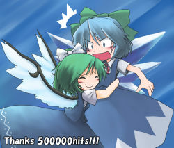 Rule 34 | 216, 2girls, ^^^, artist request, blue background, blue dress, blue eyes, blue hair, blush, bow, cirno, daiyousei, dress, embodiment of scarlet devil, closed eyes, green hair, hair bow, hug, ice, ice wings, milestone celebration, multiple girls, open mouth, ribbon, short hair, side ponytail, smile, surprised, touhou, wings