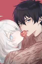 Rule 34 | 1boy, 1girl, ahoge, ao no exorcist, aoirnn, black hair, blue eyes, brown sweater, eyes visible through hair, grey hair, hair between eyes, highres, hug, long hair, looking at viewer, mole, mouth hold, okumura rin, original, parted lips, pointy ears, red background, red pupils, simple background, sweater, teeth hold, turtleneck, turtleneck sweater