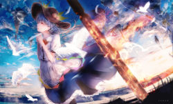 Rule 34 | 1girl, arms up, artist name, bird, black hat, blue hair, blue skirt, blue sky, blurry, blurry foreground, bow, bowtie, cloud, commentary, cowboy shot, day, dove, dress, english commentary, fisheye, floating hair, floating island, food, from side, fruit, hat, highres, hinanawi tenshi, layered dress, leaf, long hair, looking to the side, looking up, outdoors, own hands clasped, own hands together, parted lips, peach, petticoat, photoshop (medium), planted, planted sword, planted weapon, praying, puffy short sleeves, puffy sleeves, red bow, red bowtie, red eyes, shirt, short sleeves, skirt, sky, solo, standing, sword, sword of hisou, tonan (l0l0l0l0l0l), touhou, very long hair, weapon, white shirt, wind, wind lift