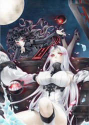 Rule 34 | 10s, 2girls, abyssal ship, bad id, bad pixiv id, bare shoulders, black hair, breasts, claws, detached sleeves, dress, glowing, glowing eyes, gothic lolita, horns, isolated island oni, kantai collection, large breasts, lolita fashion, long hair, multiple girls, pale skin, peach quu, red eyes, ribbed dress, seaport princess, short dress, single horn, smile, very long hair, white hair
