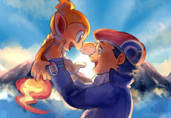 Rule 34 | 2boys, bad id, bad pixiv id, cabbie hat, chimchar, coat, creatures (company), eye contact, fiery tail, game freak, gen 4 pokemon, hat, holding, looking at another, lucas (pokemon), mountain, multiple boys, nintendo, pokemon, pokemon (creature), scarf, skyloop19, sunrise, tail, twitter username, winter clothes