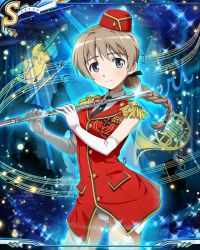 Rule 34 | 1girl, band uniform, beamed quavers, blue eyes, braid, brown hair, elbow gloves, epaulettes, flute, gloves, hat, instrument, long hair, lynette bishop, marching band, musical note, necktie, panties, quaver, single braid, smile, solo, staff (music), strike witches, treble clef, underwear, uniform, white panties, world witches series