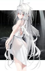 Rule 34 | 1girl, absurdres, backless dress, backless outfit, bare arms, bare shoulders, breasts, commentary request, dress, feathered wings, grey hair, hair between eyes, hair ornament, hairclip, highres, kamioka shun&#039;ya, long hair, looking at viewer, looking back, medium breasts, mini wings, original, parted lips, red eyes, sleeveless, sleeveless dress, solo, very long hair, water, white dress, white wings, wings