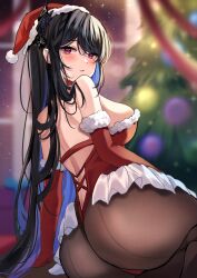 Rule 34 | 1girl, absurdres, arm support, ass, asymmetrical horns, black hair, black pantyhose, blue hair, blurry, blurry background, blush, breasts, christmas tree, colored inner hair, demon horns, elbow gloves, gloves, hair ornament, haruuukuma, hat, highres, hololive, hololive english, horns, indoors, large breasts, long hair, looking at viewer, looking back, mole, mole under eye, multicolored hair, nerissa ravencroft, pantyhose, red eyes, santa costume, santa hat, solo, two-tone hair, virtual youtuber