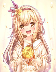 Rule 34 | 1girl, :d, blonde hair, blush, brown eyes, catbell, collarbone, hairband, head tilt, highres, long hair, looking at viewer, medal, open mouth, original, smile, solo, sparkle, upper body