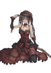 Rule 34 | 1girl, absurdres, asymmetrical hair, bad-old-driver, bare shoulders, black hair, black thighhighs, breasts, cleavage, clock eyes, date a live, detached collar, detached sleeves, female focus, full body, gothic lolita, grin, gun, gun to head, hair in own mouth, hairband, heterochromia, highres, holding, holding gun, holding weapon, kneeling, lolita fashion, lolita hairband, long hair, looking at viewer, medium breasts, pointing, pointing at self, red eyes, rifle, simple background, smile, solo, symbol-shaped pupils, thighhighs, tokisaki kurumi, twintails, unfinished, weapon, white background, yellow eyes